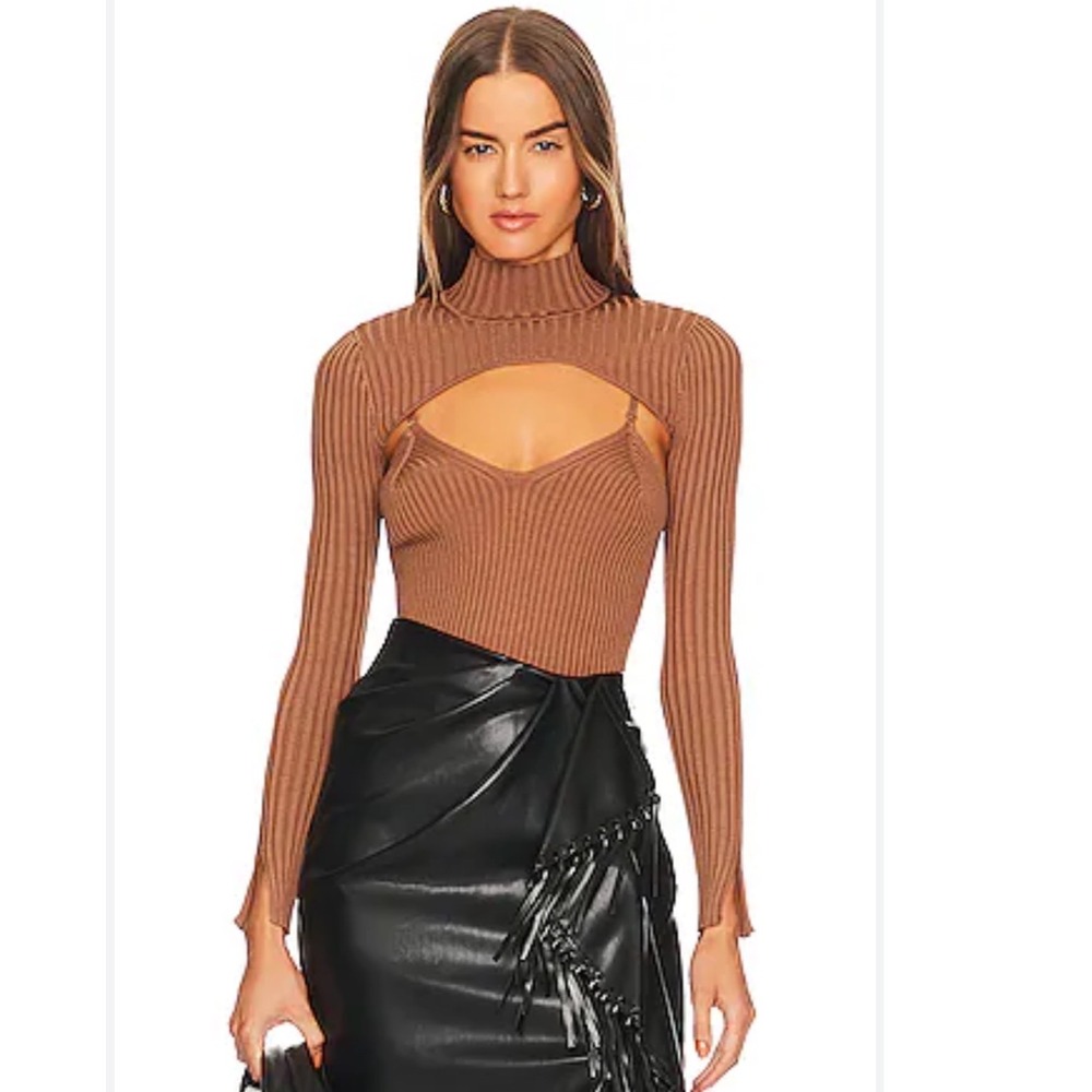 Jonathan Simkhai Ribbed Knit Shrug and Camisole Set Brown Small Mock Neck Cutout